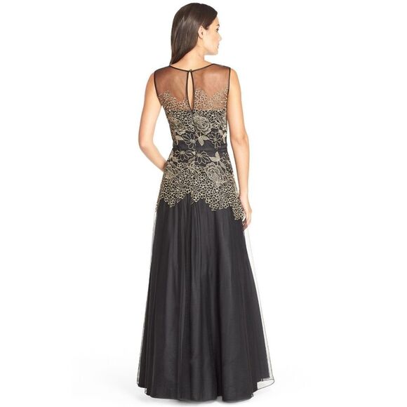 New! TAHARI ASL Women's Floral Embroidered Illusion Gown Black Gold Sleeveless - Picture 2 of 7